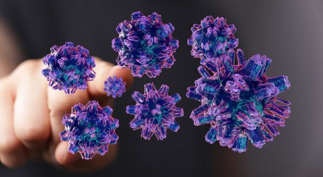 Artistic depiction of viral cells floating with a finger. Concept for virus, health, disease, pandemic, scienc