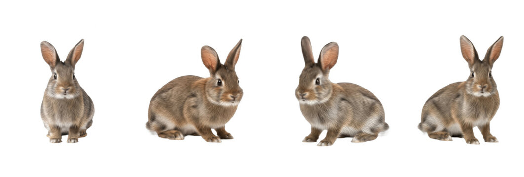 Set of realistic brown rabbit collection isolated on transparent PNG background, oil paint