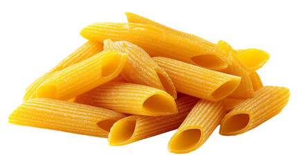 Uncooked yellow Italian macaroni isolated on white background and transparent png, showing dry tubular pasta shape, smooth texture, and semolina color.