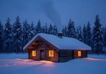 Snow-covered log cabin with glowing windows in a winter forest at dusk