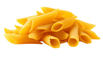 Uncooked yellow Italian macaroni isolated on white background and transparent png, showing dry tubular pasta shape, smooth texture, and semolina color.
