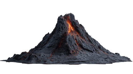 Volcano from mountain isolated on white background or transparent png, showing conical peak, rocky texture, volcanic structure, and dramatic geological formation