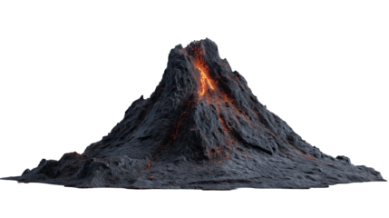 Volcano from mountain isolated on white background or transparent png, showing conical peak, rocky texture, volcanic structure, and dramatic geological formation
