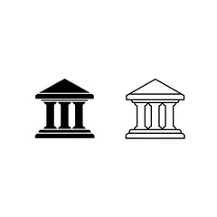 Two stylized icons of a classical building with columns and a pediment architecture