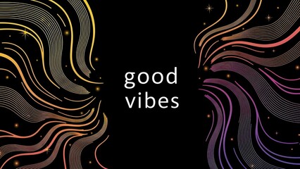 Abstract flowing lines in gold, pink and purple gradients with good vibes text on black background for modern design projects and positive messaging.