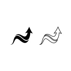 Two stylized upward pointing arrows with wavy lines one solid black and one outlined on white direction
