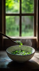 Fresh herbs being added to a bowl.