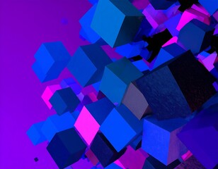 Abstract composition featuring a collection of floating, textured and shaded colorful cubes