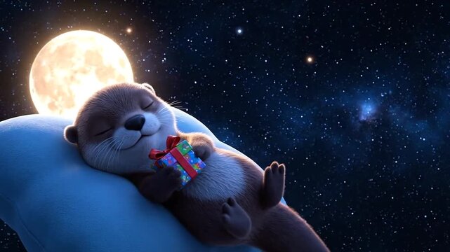 Cute animated otter dreaming peacefully on a soft pillow under a bright full moon and starry night sky, holding a tiny wrapped gift, a perfect scene for World Sleep Day.