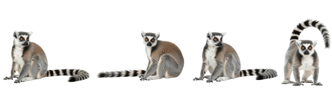 Set of realistic ring tailed lemur collection isolated on transparent PNG background, oil paint