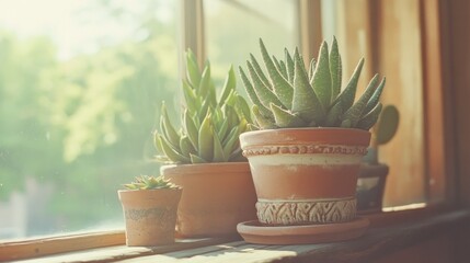 Succulents in terracotta pots on a windowsill.