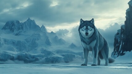 Majestic husky stands guard in a snowy mountain landscape.