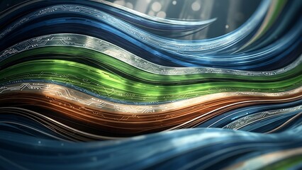 A mesmerizing abstract composition of thick, flowing liquid ribbons in metallic blue, emerald green, and copper, featuring intricate textures that resemble polished stone and flowing glass.