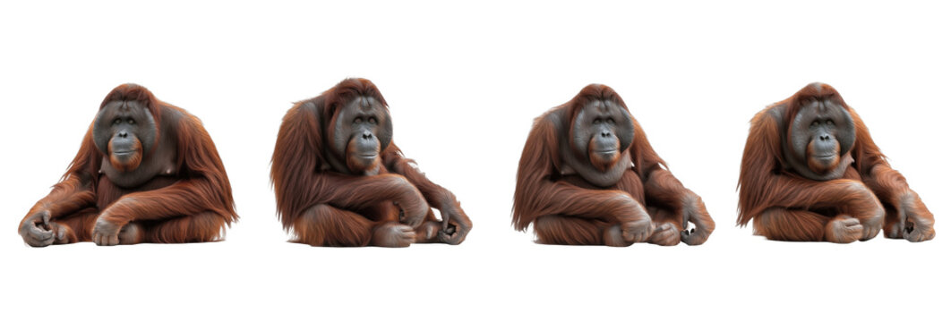 Set of orangutan sitting in different poses isolated on transparent PNG background, oil paint