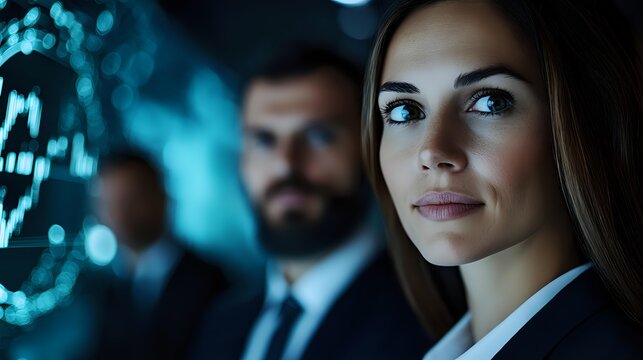 Professional businesswoman analyzing digital data with male colleague in modern tech environment for corporate presentations and financial reports. - Powered by Adobe