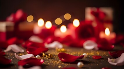Romantic red rose petals scattered with golden glitter and warm candle lights creating intimate atmosphere for Valentine's Day celebration and love.