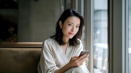 Young Asian businesswoman using smartphone while sitting by office window, professional communication and mobile technology in modern workplace.