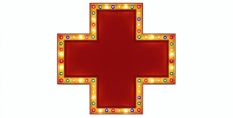 Bright Red Cross Sign with Colorful Lights in a Vintage Style