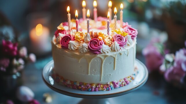 Birthday cake with candles and flowers; celebration; home; dessert