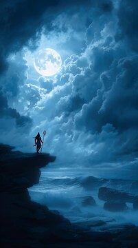 Shiva Silhouette Full Moon Stormy Night Cliff Edge Vertical Art