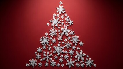Festive Christmas Tree Shape Made of Snowflakes on Red Background.