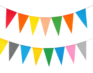 Two rows of vibrant, triangular flags in various colors hang against a black background