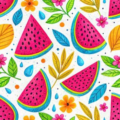 Vibrant stylized watermelon slices pattern with colorful leaves flowers and water droplets