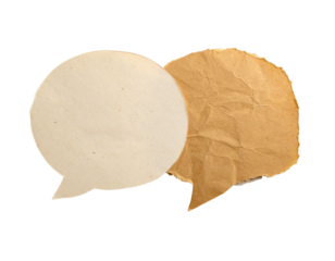 Two speech bubbles, one smooth and white, the other textured brown, set against black