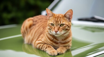 Orange Tabby Cat Relaxing on a Green Car Hood.
