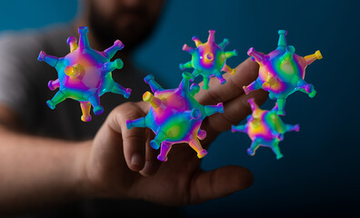 An abstract, colorful representation of a coronavirus interacting with a hand, symbolizing science, medicine,