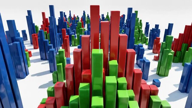 A 3D rendering of a cityscape with numerous blue, green, and red buildings of varying heights and sizes