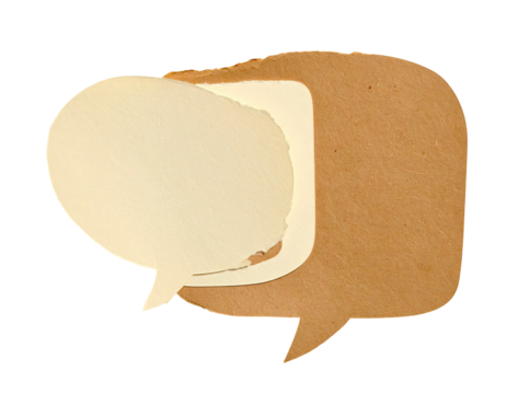 Paper-cut-out of two overlapping chat bubbles. Light tan and beige colors on a black background - Powered by Adobe