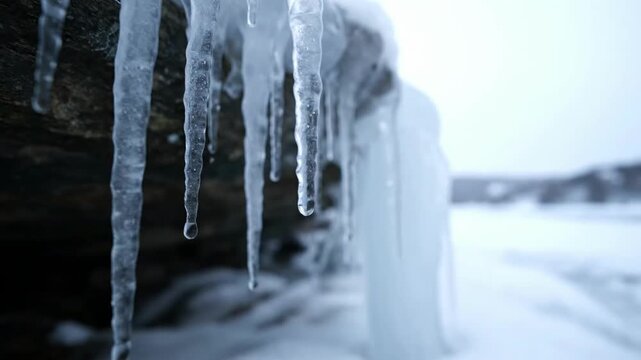 Close-up of melting icicles dripping water droplets from a rock overhang in winter
