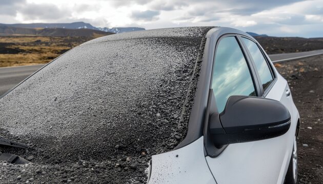 Car windshield covered in volcanic ash and frost in Iceland, remote landscape
