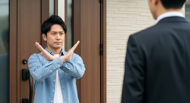 訪問販売お断りのメタファー、両手でバツを作り営業を明確に拒否する日本人男性とコピースペース