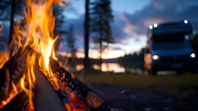 Campfire flames burning bright at dusk with RV motorhome parked nearby for outdoor adventure and recreational vehicle camping experience.