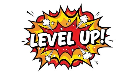 Comic book style level up explosion burst with stars and dynamic text for gaming achievement celebration and motivational designs.
