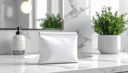 White blank stand-up pouch mockup on a pristine marble bathroom counter, perfect for cosmetic and personal care product packaging designs, conveying purity and modern aesthetic