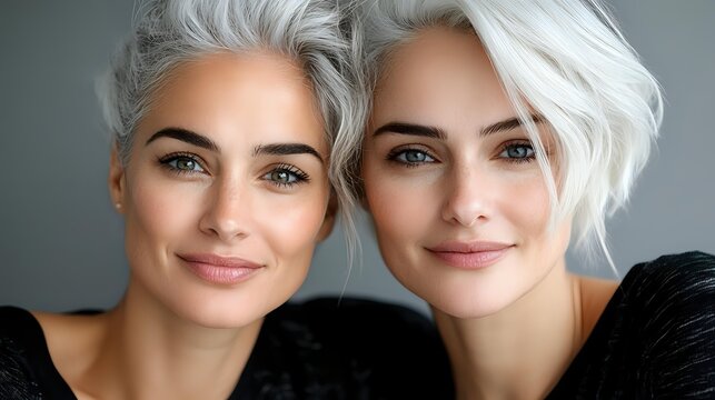 Two young Caucasian women with platinum blonde pixie haircuts smiling at camera. Close-up portrait of female friends with short silver hair and natural makeup.