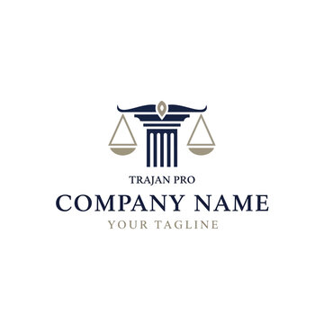 A logo featuring a classical column with a balance scale on top, representing justice and law, with placeholder text for company name and tagline.