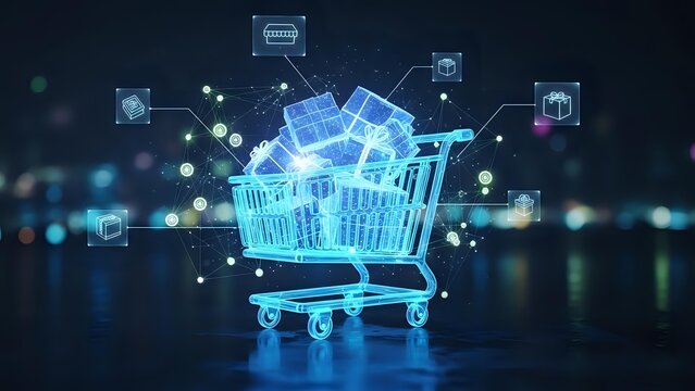 Digital shopping cart with glowing blue holographic interface and floating icons representing modern e-commerce technology and online retail experience.