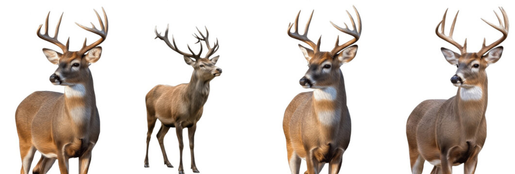 Set of White-Tailed Deer Buck (Odocoileus virginianus) Isolated on Transparent PNG Background, North American Wildlife Animal Collection