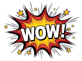 Comic book style explosion burst with WOW text in bold letters surrounded by stars and dynamic action lines for pop art designs and promotional materials.