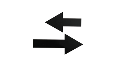 A dark field features two opposing arrows, one pointing left, the other right, in a grayscale design