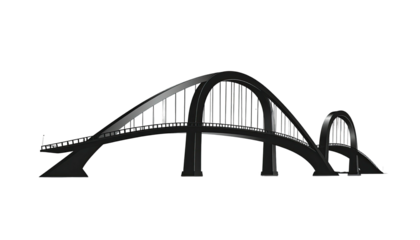 A dark gray, stylized bridge, lit from above, spans a large gap with two arches