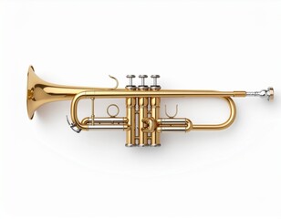 Obraz premium A shiny golden brass trumpet musical instrument with silver valves and a mouthpiece is isolated on a white background for jazz band or orchestra wind music