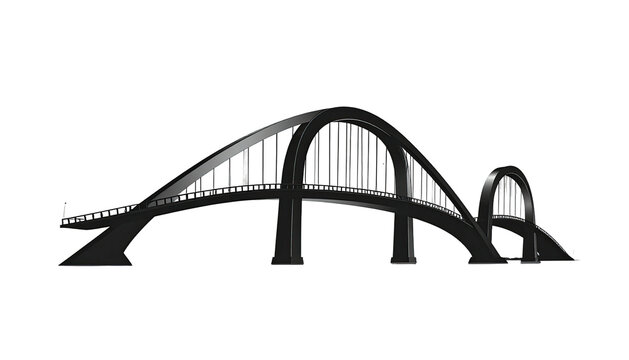 A dark gray, stylized bridge, lit from above, spans a large gap with two arches