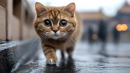 Adorable orange tabby kitten with bright blue eyes walking on wet pavement in urban street setting. Cute domestic cat exploring city environment outdoors.