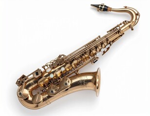 An isolated alto saxophone wind instrument with gold metal detail on a white background for jazz band or classical orchestra music