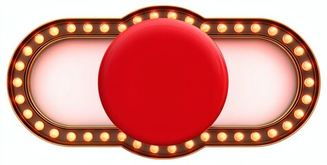 Bright Red Round Button with Vintage Light Frame on White Background